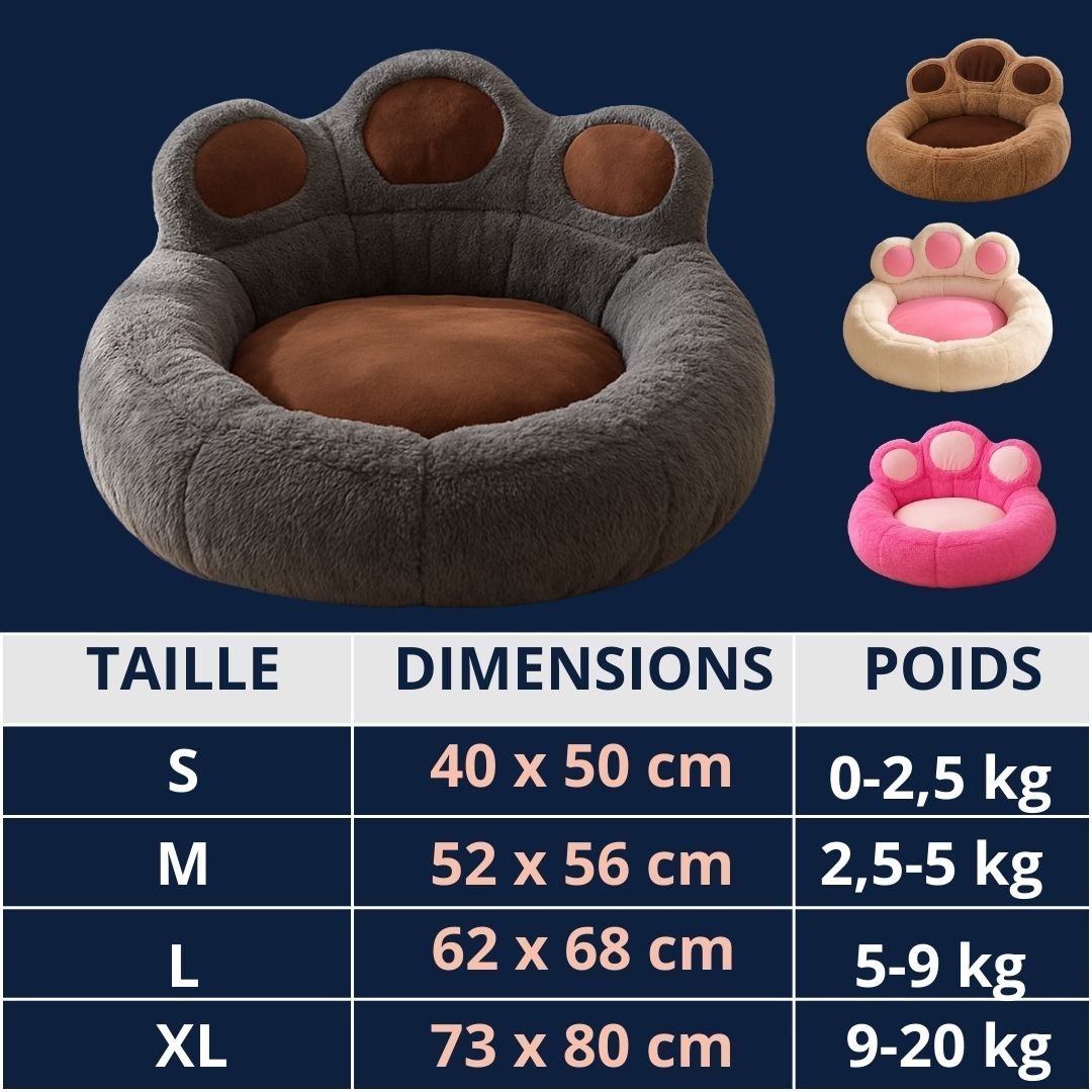 Pouf-pour-chien-guide-des-tailles-4 tailles S-M-L et XL pour chien de petite à moyenne taille-dimensions détaillées avec correspondance avec le poids des chiens