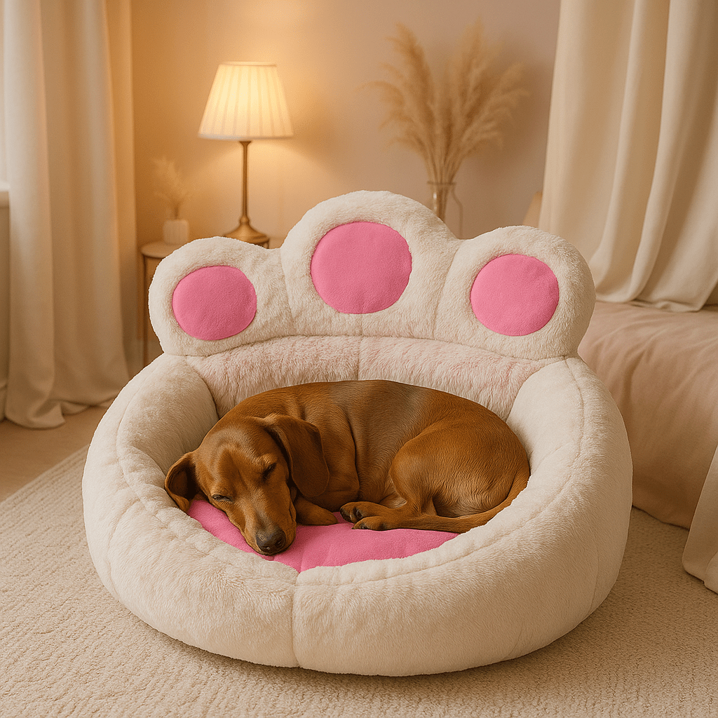 Pouf-pour-chien-lavable-un teckel qui dort paisiblement en boule dans son lit rond déhoussable antidérapant de couleur blanc et rose au design mignon en forme de pattes avec rebord et dossier dans la chambre de l'appartement