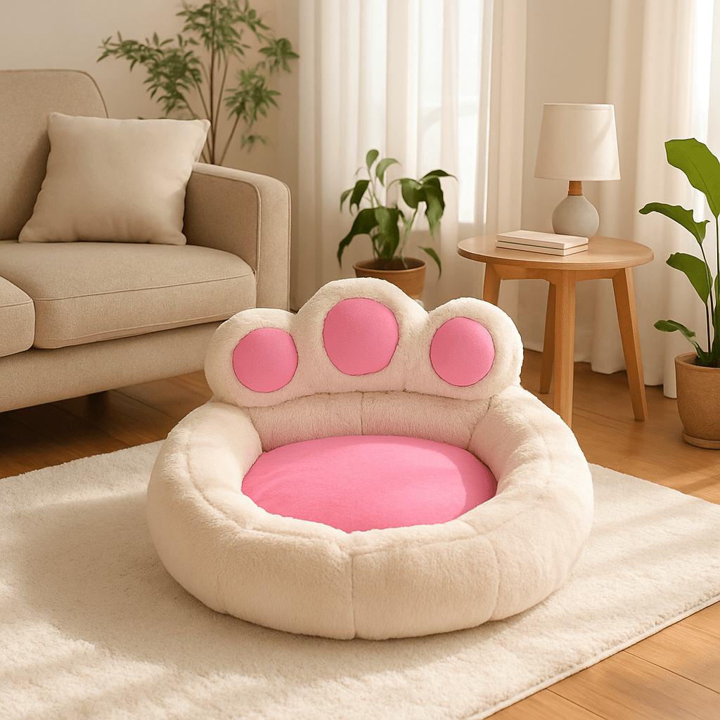 Pouf-pour-chien-lit rond blanc et rose au design pattes d'ours pour chien de petite à moyenne taille-déhoussable, antidérapant et lavable en machine