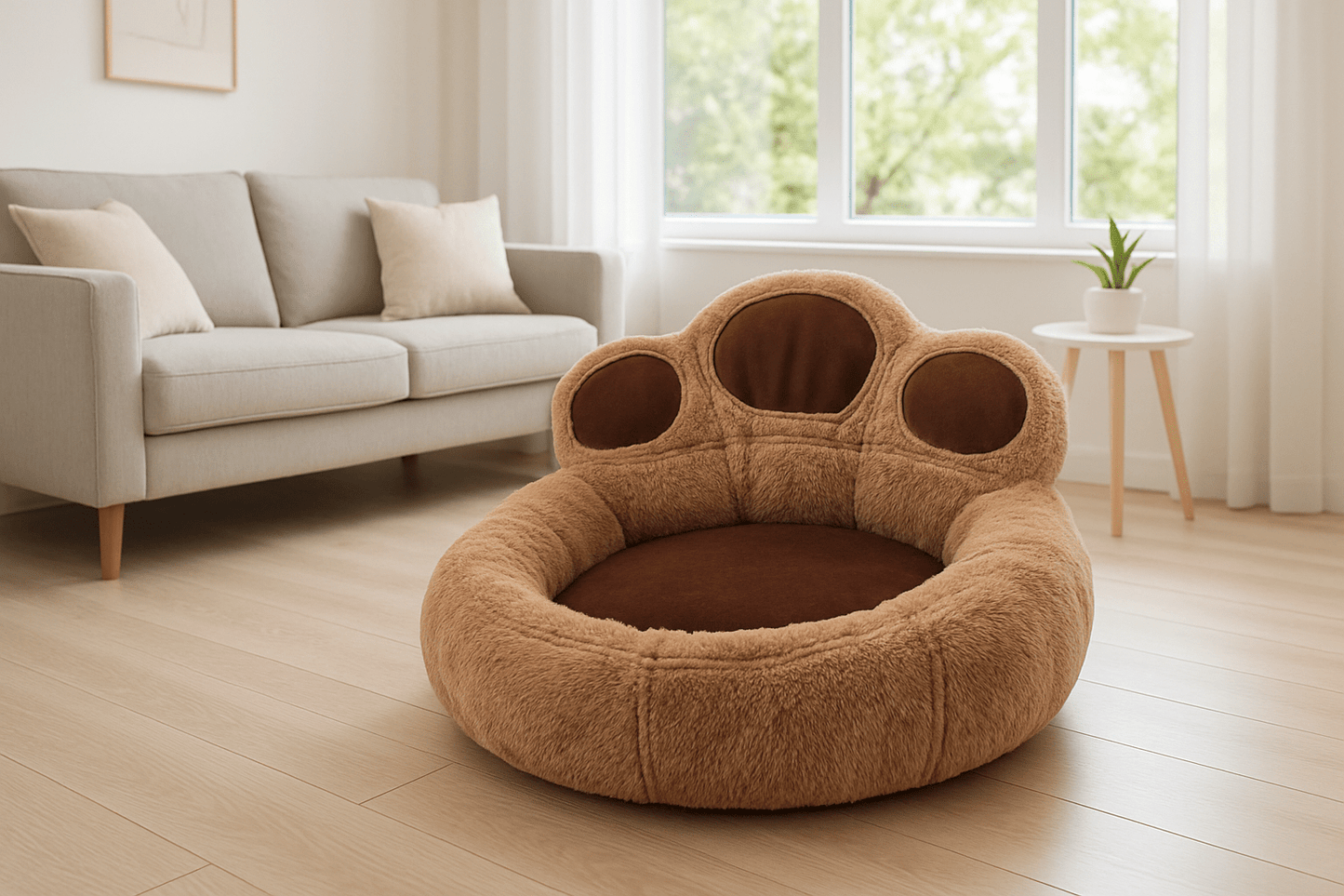 Pouf-pour-chien-marron-design pattes d'ours pour chien de petite à moyenne taille-déhoussable, antidérapant et lavable en machine