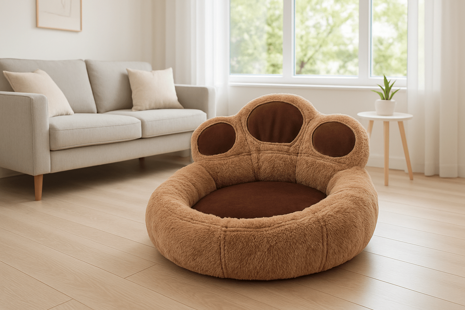 Pouf-pour-chien-marron-design pattes d'ours pour chien de petite à moyenne taille-déhoussable, antidérapant et lavable en machine