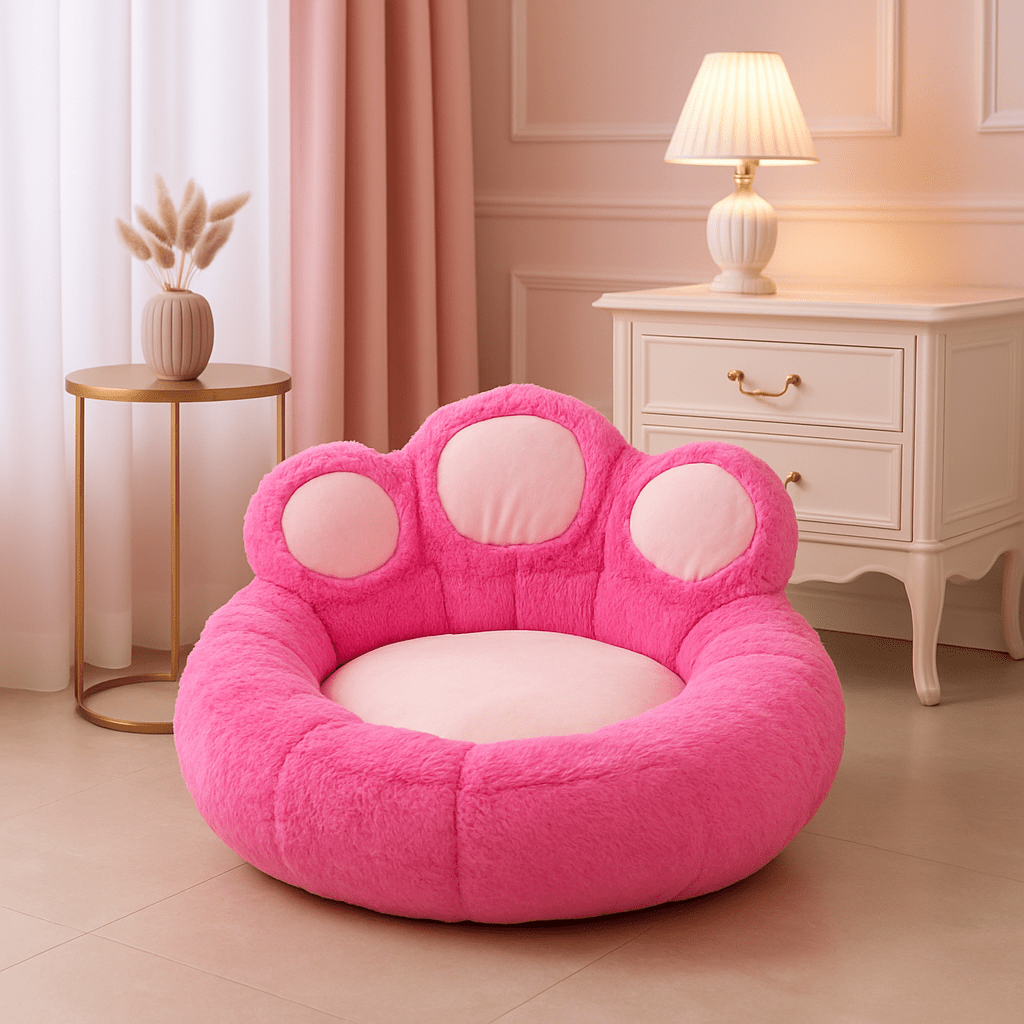 Pouf-pour-chien-rose-design mignon de patte d'ours-déhoussable et lavable en machine-antidérapant, chaud-doux et moelleux, rembourrage 100% coton et peluche-matériau écologique et 100% naturel hypoallergénique pour chien de petite à moyenne taille