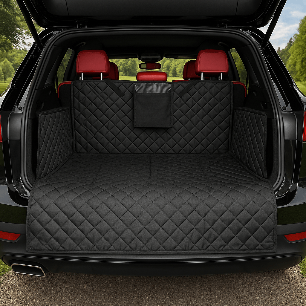 Protection-coffre-voiture-chien-avec-sangle et clips et pochette de rangement, installation rapide, pliable 100% imperméable résistant aux griffes et morsures, solide et durable, lavabvle, tissu oxford, rembourrage 100% coton haute densité, protection totale des sièges, deux côtés latéraux avec attache appui tete, antidérapant et confortable pour tous les chiens, taille universelle adaptable à tout type de véhicules-de couleur noir, matelassé et chic