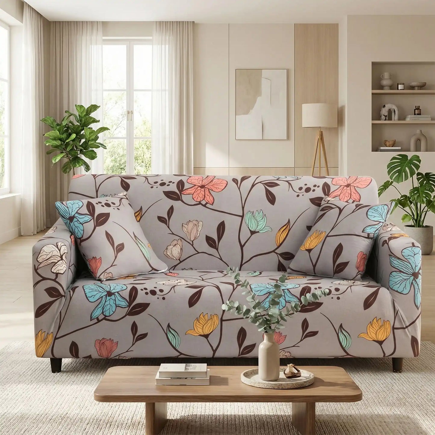 Protection-canape-chien-anti-poils-anti accident, lavable en machine, haute élasticité et resistante aux griffes et à l'usure, universelle en 4 tailles pour fauteuil, canapé de 2/3/4 places, avec élastique et bloque plis- design floral délicat- photo de la housse qui hablle un canapé de 3 place , modÚle floral