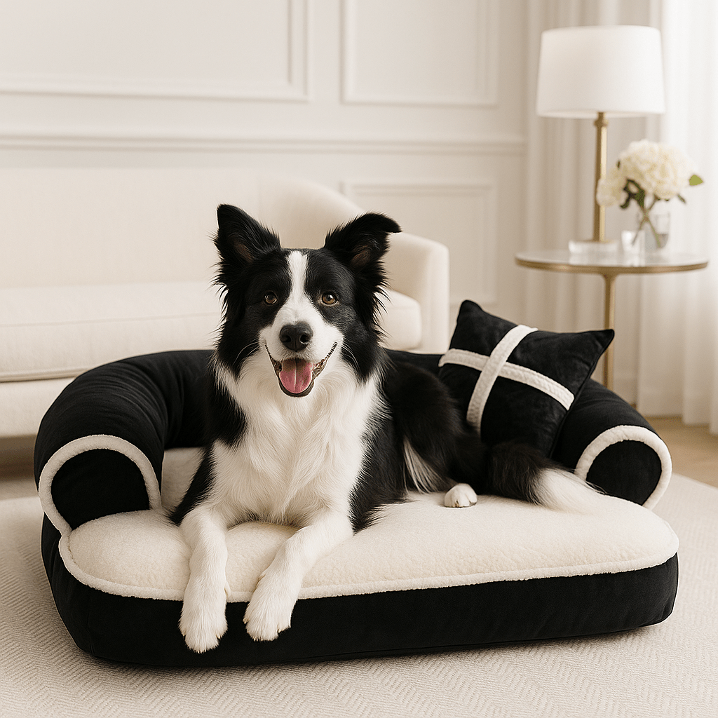 Sofa-chien-chiot-lavable-un border collie couché confortablement et tout heureux sur son canapé moelleux épais chaud et anti anxiété dans le salon de l'appartement
