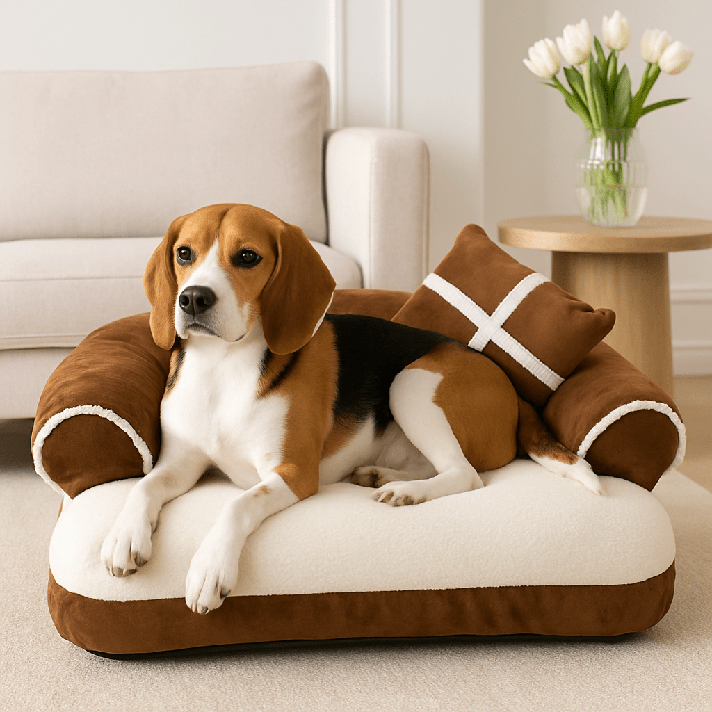 Sofa-chien-fauteuil-lavable-déhoussable et antidérapant-un beagle couché sur le canapé lit marron et blanc avec rebord entourant et coussin rembourré en coton haute densité dans le salon de l'appartement
