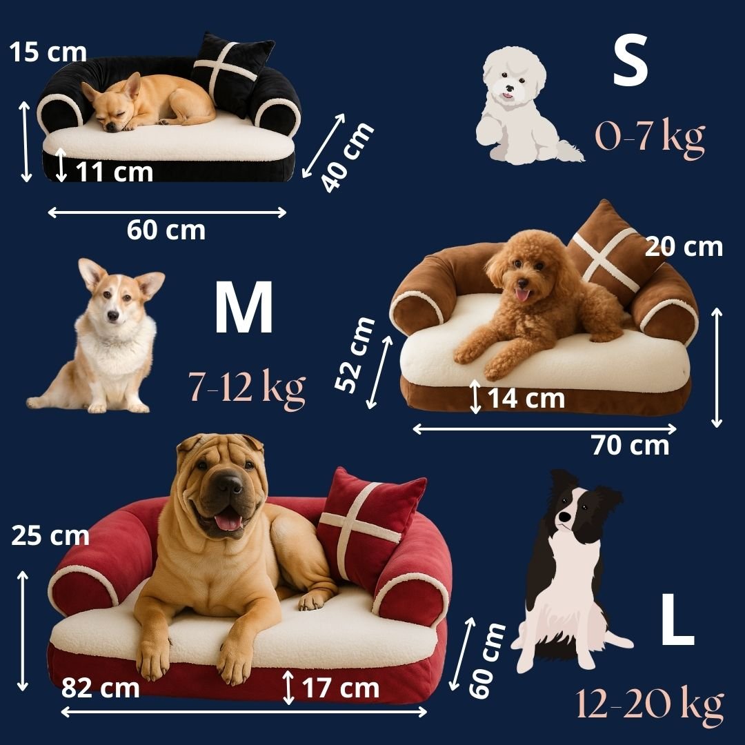 Sofa-chien-guide-des-tailles-3 tailles disponibles S, M et L pour petit chien et chien moyen de 0 à 20 kg-dimensions détaillées et correspondance de taille et poids du chien