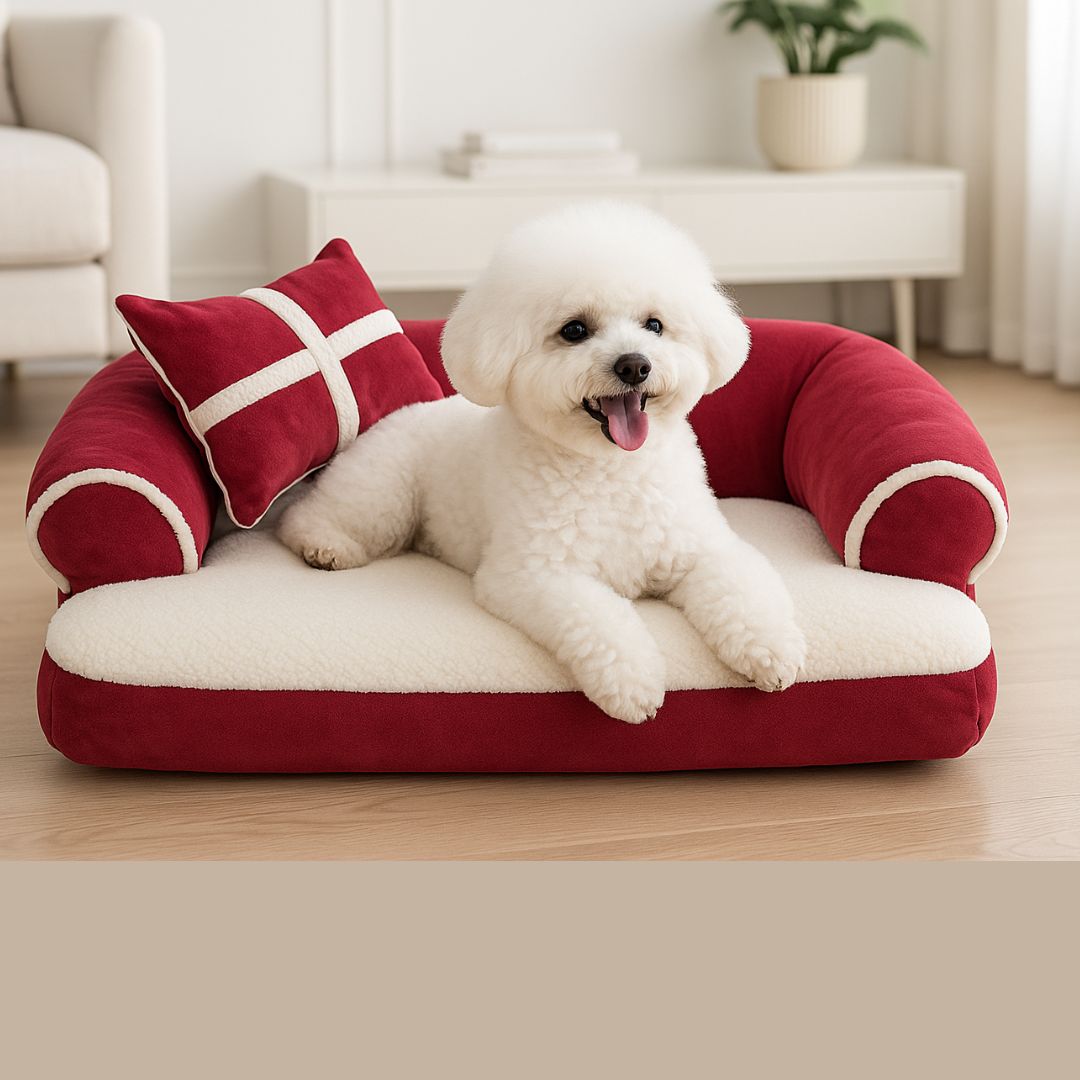 Sofa-chien-lavable-déhoussable-un bichon frisé heureux et couché confortablement sur le canapé lit antidérapant avec son coussin rouge et blanc graphique dans le salon moderne de l'appartement