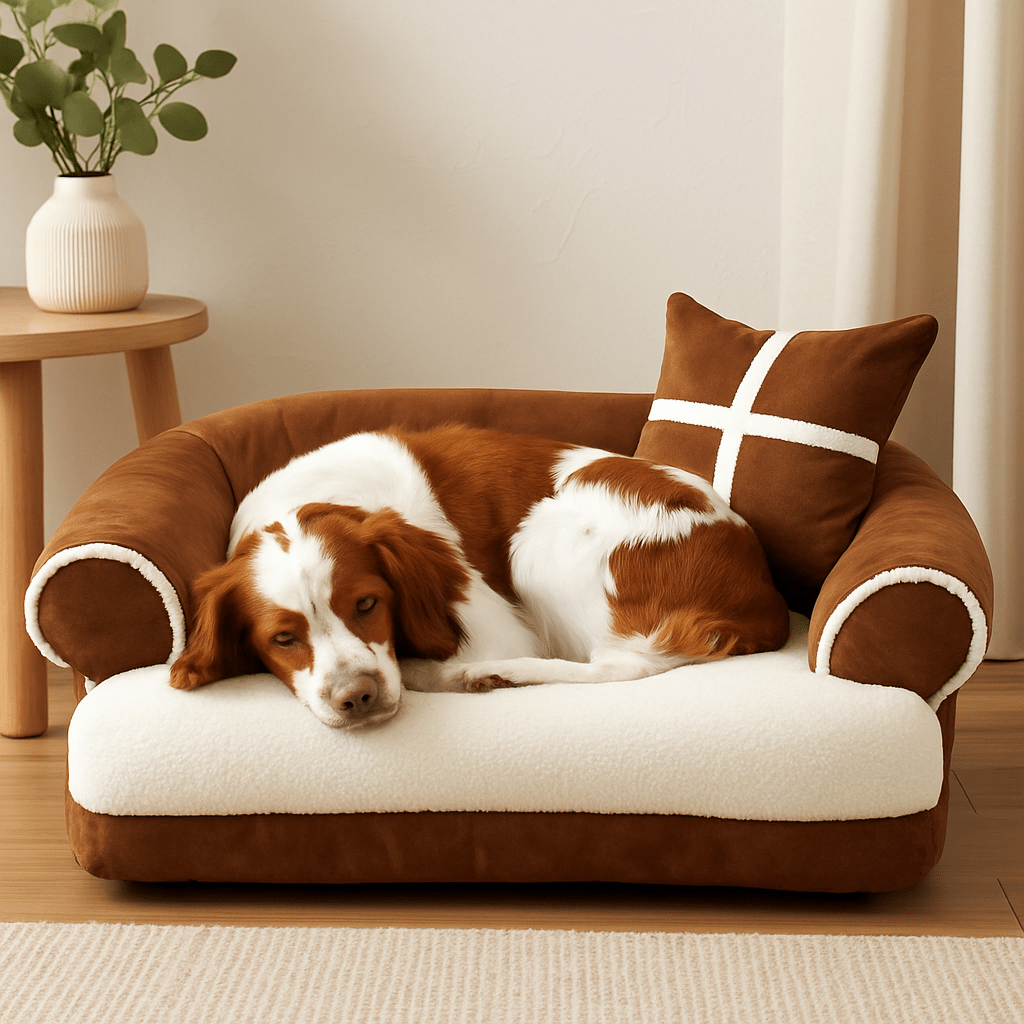 Sofa-chien-taille-L-un Ăpagneul Breton qui se repose en boule pour s'endormir paisiblement dans son canapĂ© lit avec traversin 180° et coussin dĂ©coratif au rembourrage 100% coton haute densitĂ© dĂ©houssable et lavable en machine, solide et rĂ©sistant aux griffes dans le salon de la maison