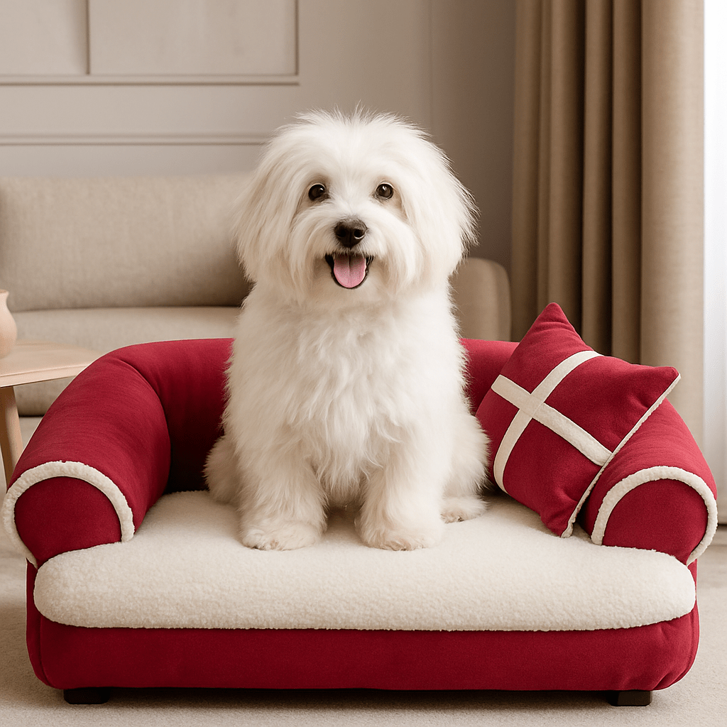 Sofa-chien-taille-M-un Coton de Tuléar confortablement assis dans son canapé moelleux haute résilience en rembourrage 100% coton PP déhoussable et lavable pour un soutien ergonomique avec coussin dans le salon de la maison