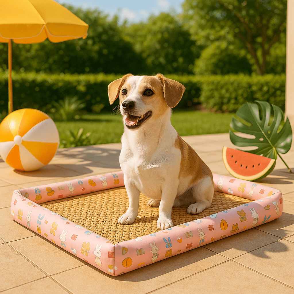 Tapis-Chien-rafraichissant-bambou naturel-rembourrage 100% coton-antidérapant-lavable-respirant-avec rebords surélevés-multiusage-polyvalent-imperméable-résistant-aux-griffes-de couleur rose avec motif pour chien de petite à moyenne taille-un chien de petite taille assis confortablement au frais sur son tapis rafraichissant dans le jardin de la maison en été