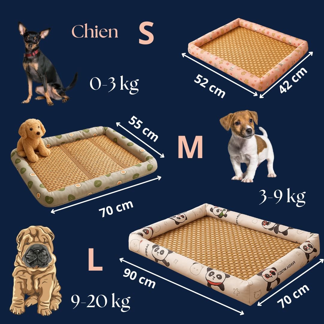 Tapis-Chien-rafraichissant-bambou naturel-rembourrage 100% coton-antidérapant-lavable-respirant-avec rebords surélevés-multiusage-polyvalent-imperméable-résistant-aux-griffes-3-tailles disponibles S, M et L pour petit à chien moyen de 0 à 20 kg