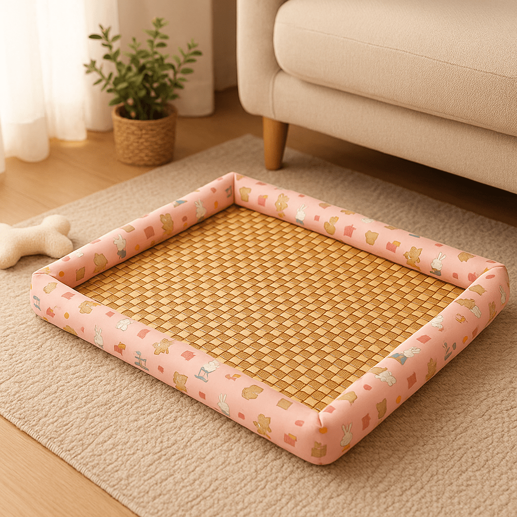 Tapis-Chien-rafraichissant-bambou naturel-rembourrage 100% coton-antidérapant-lavable-respirant-avec rebords surélevés-multiusage-polyvalent-imperméable-résistant-aux-griffes-de couleur rose avec motif pour chien de petite à moyenne taille