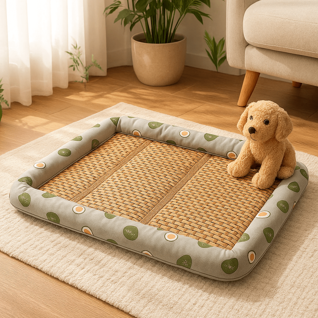 Tapis-Chien-rafraichissant-bambou naturel-rembourrage 100% coton-antidérapant-lavable-respirant-avec rebords surélevés-multiusage-polyvalent-imperméable-résistant-aux-griffes-de couleur vert avec motif pour chien de petite à moyenne taille