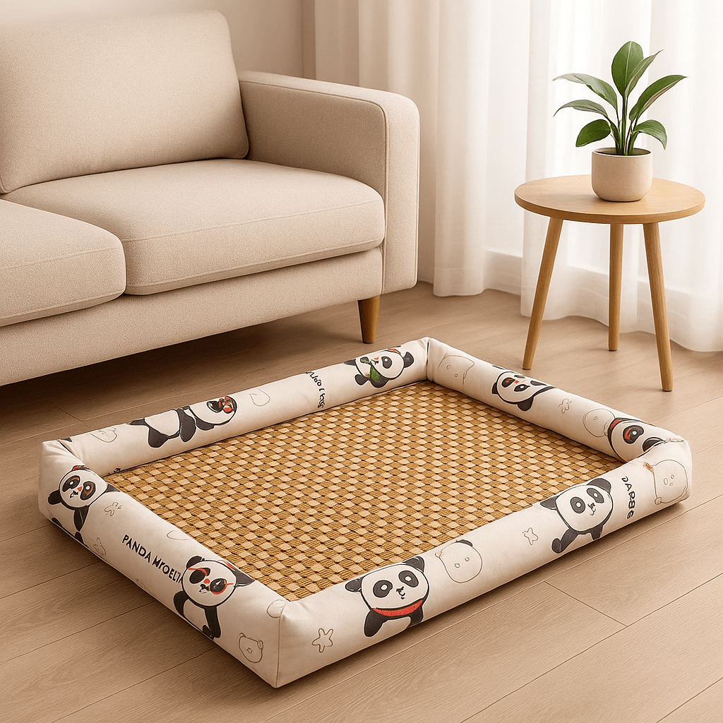 Tapis-Chien-rafraichissant-bambou naturel-rembourrage 100% coton-antidérapant-lavable-respirant-avec rebords surélevés-multiusage-polyvalent-imperméable-résistant-aux-griffes-de couleur gris avec motif pour chien de petite à moyenne taille