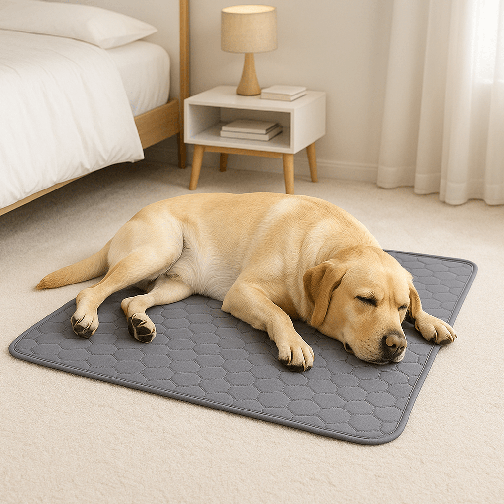 Tapis-absorbant-chien-alÚse-chiot-100% imperméable-coton absorbant plus de 10 fois son poids-ultra-résistant-un labrador retriever qui dort paisiblement sur son tapis absorbant le sol sec du salon de l'appartement