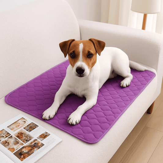 Tapis-absorbant-chien-alèse-chiot-100% imperméable-coton absorbant plus de 10 fois son poids-ultra-résistant-lavable en machine-un Jack Russell couché sur son tapis absorbant violet sur le canapé au sec du salon de l'appartement
