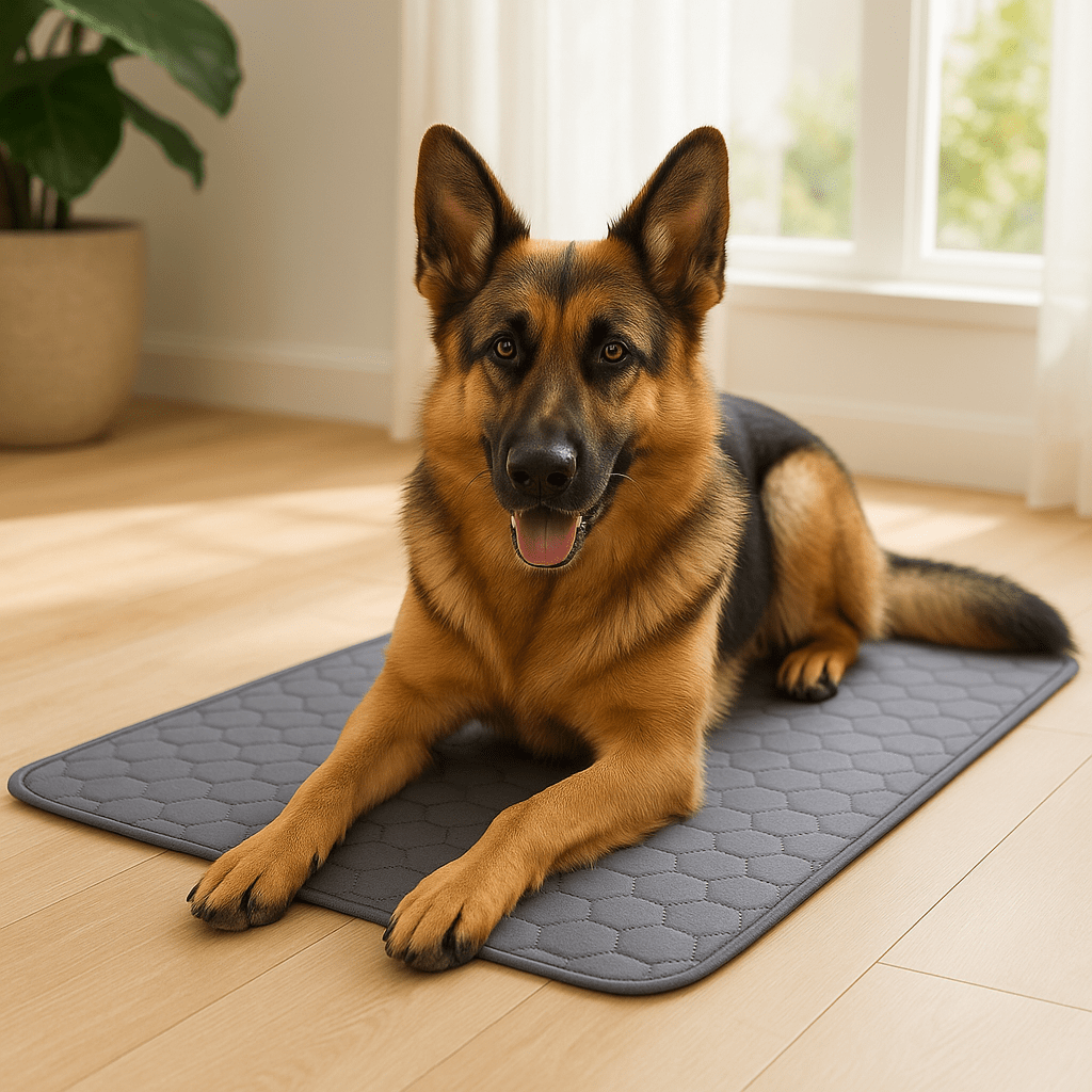 Tapis-absorbant-chien-alÚse-chiot-100% imperméable-coton absorbant plus de 10 fois son poids-ultra-résistant-un grand chien couché sur son grand tapis absorbant gris sur son panier en osier au sec du salon de l'appartement