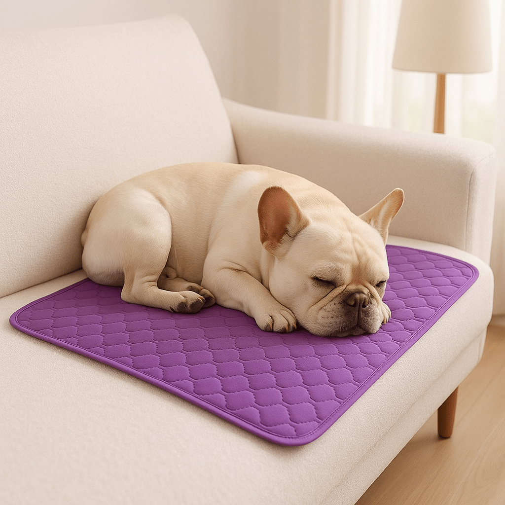 Tapis-absorbant-chien-alÚse-chiot-100% imperméable-coton absorbant plus de 10 fois son poids-ultra-résistant-un chien moyen qui dort paisiblement sur son tapis absorbant posé sur le canapé blanc au sec du salon de la maison