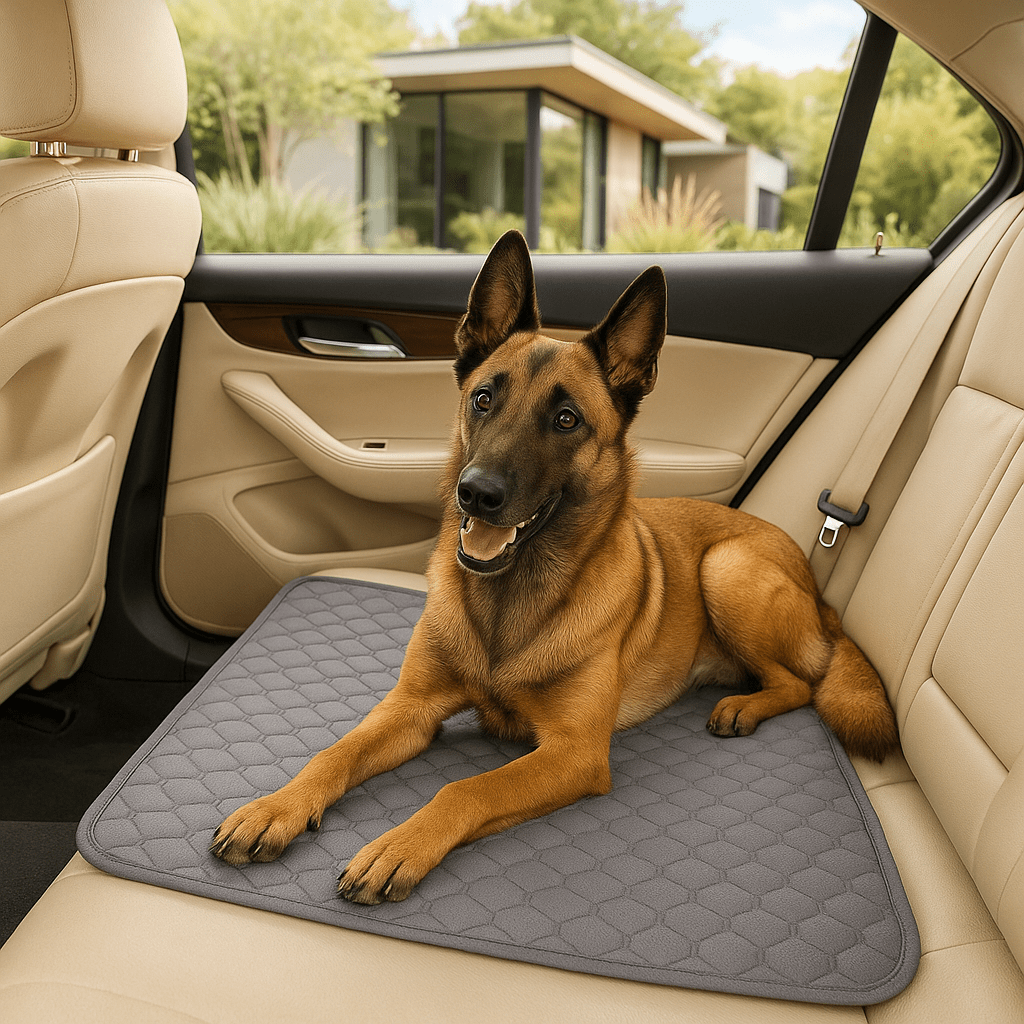 Tapis-absorbant-chien-alÚse-chiot-100% imperméable-coton absorbant plus de 10 fois son poids-ultra-résistant-un Berger Allemand couché sur son tapis absorbant sur les siÚges arriÚres de la voiture