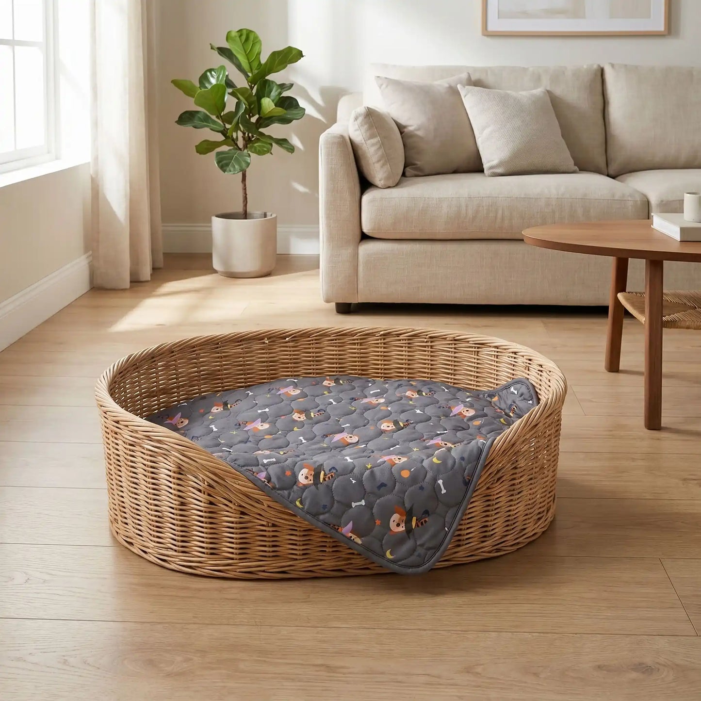 Tapis-impermeable-chien-chiot-motif design de bouledogue francais, os et pattes de chien, surface matelassée douce et hypoallergénique, rembourré en coton haute densité ultra-absorbant, 4 couches avec TPU 100% imperméable et résistant aux griffes, antidérapant, lavable en machine à 30° de couleur gris en 4 taille M, L, XL et XXL pour chiot et chien de petite à très grande taille-un tapis taille Xl posé sur le coussin du panier en osier pour chien qui protège la literie des liquides, accidents et saletés