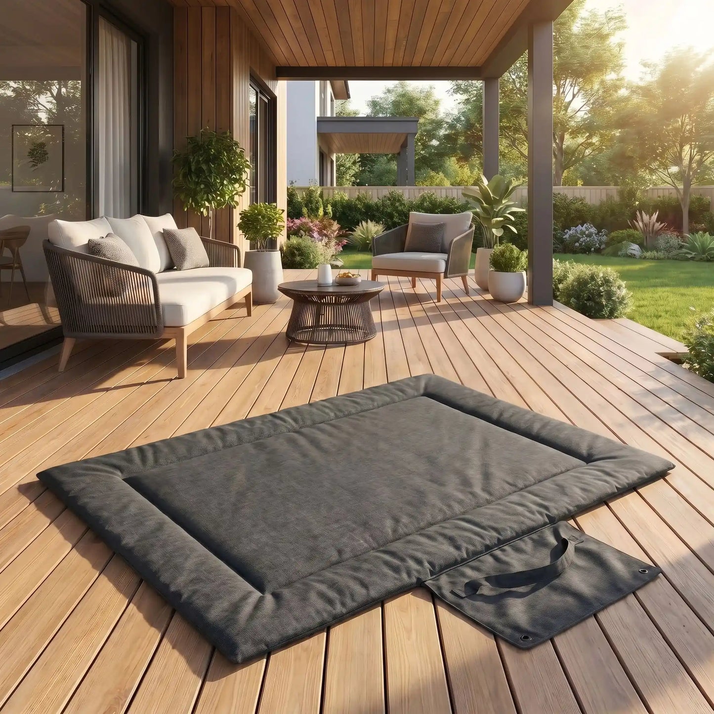 Tapis voyage chien imperméable pour chien-lavable un grand chien assis sur son tapis qui protège la voiture, idéal pour voyage et transport en voiture, à la plage, en foret, en camping, en randonnée, en sortie, un tapis 4 saisons, réversible, rembourrage 100% Coton PP et housse nylon résistante aux griffes, pliable et portable avec sa poignée de transport pour chien -gros plan sur le tapis de voyage de couleur noir avec poignée de transport, pliage rapide, rangement compact, lavable en machine
