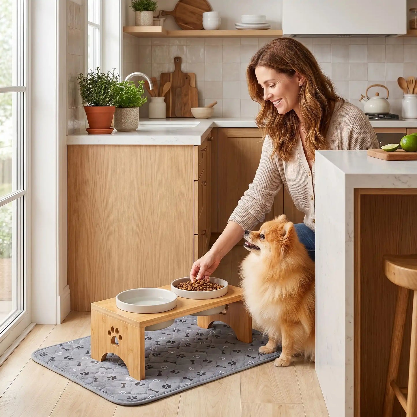 Tapis-impermeable-chien-chiot-motif design de bouledogue francais, os et pattes de chien, surface matelassée douce et hypoallergénique, rembourré en coton haute densité ultra-absorbant, 4 couches avec TPU 100% imperméable et résistant aux griffes, antidérapant, lavable en machine à 30° de couleur gris en 4 taille M, L, XL et XXL pour chiot et chien de petite à très grande taille-une propriétaire de chien qui remplit les gamelles de son chien installées sur le tapis gris antidérapant pour protéger le sol
