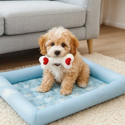 Tapis-pour-Chien-rafraichissant-ergonomique-avec rebord surélevé et protecteur-antidérapant et lavable en machine-un petit chien avec son jouet en forme d'os dans sa mùchoire sur le tapis rafraichissant respirant rembourré 100% coton et imperméable sur le sol du salon en plein été