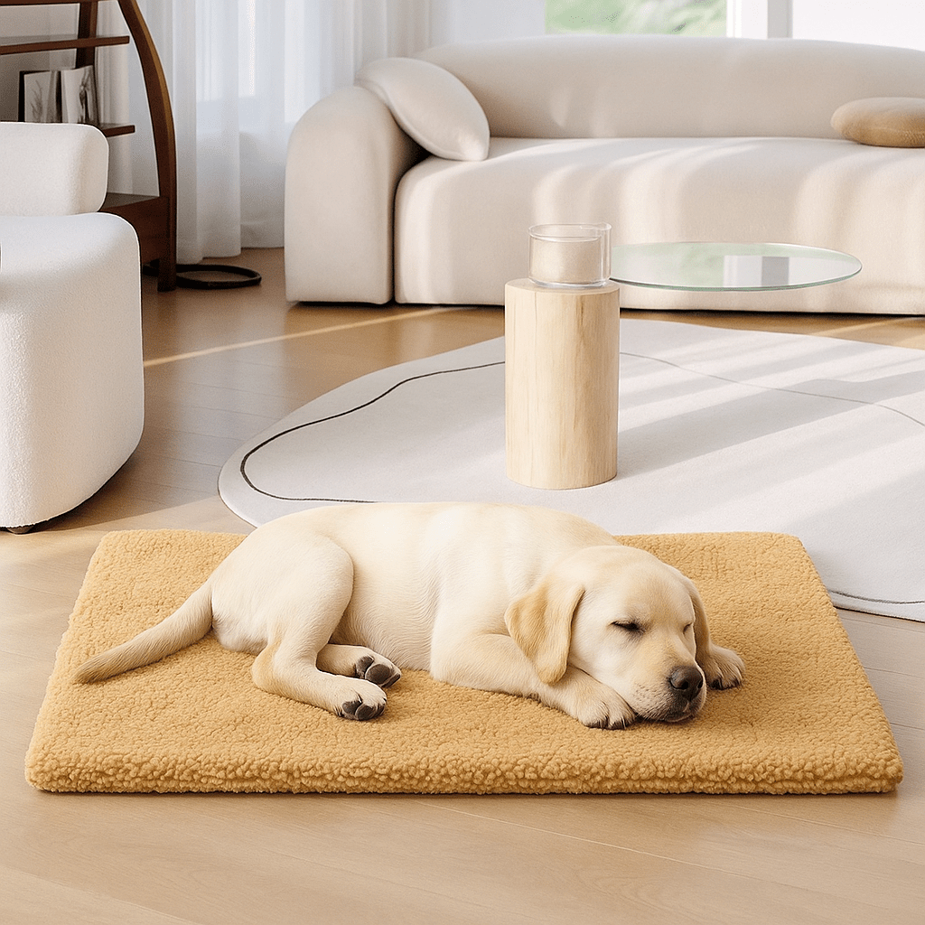 Tapis-pour-chien-chauffant-chiot-déhoussable-lavable en machine-réfléchissant-housse en peluche douce et épaisse, résistante aux griffes-sans-électricité et sans danger-rembourrage 100% coton haute densité-antidérapant-un chiot labrador retriever qui dort paisiblement sur son tapis chauffant marron sur le sol froid du salon de l'appartement