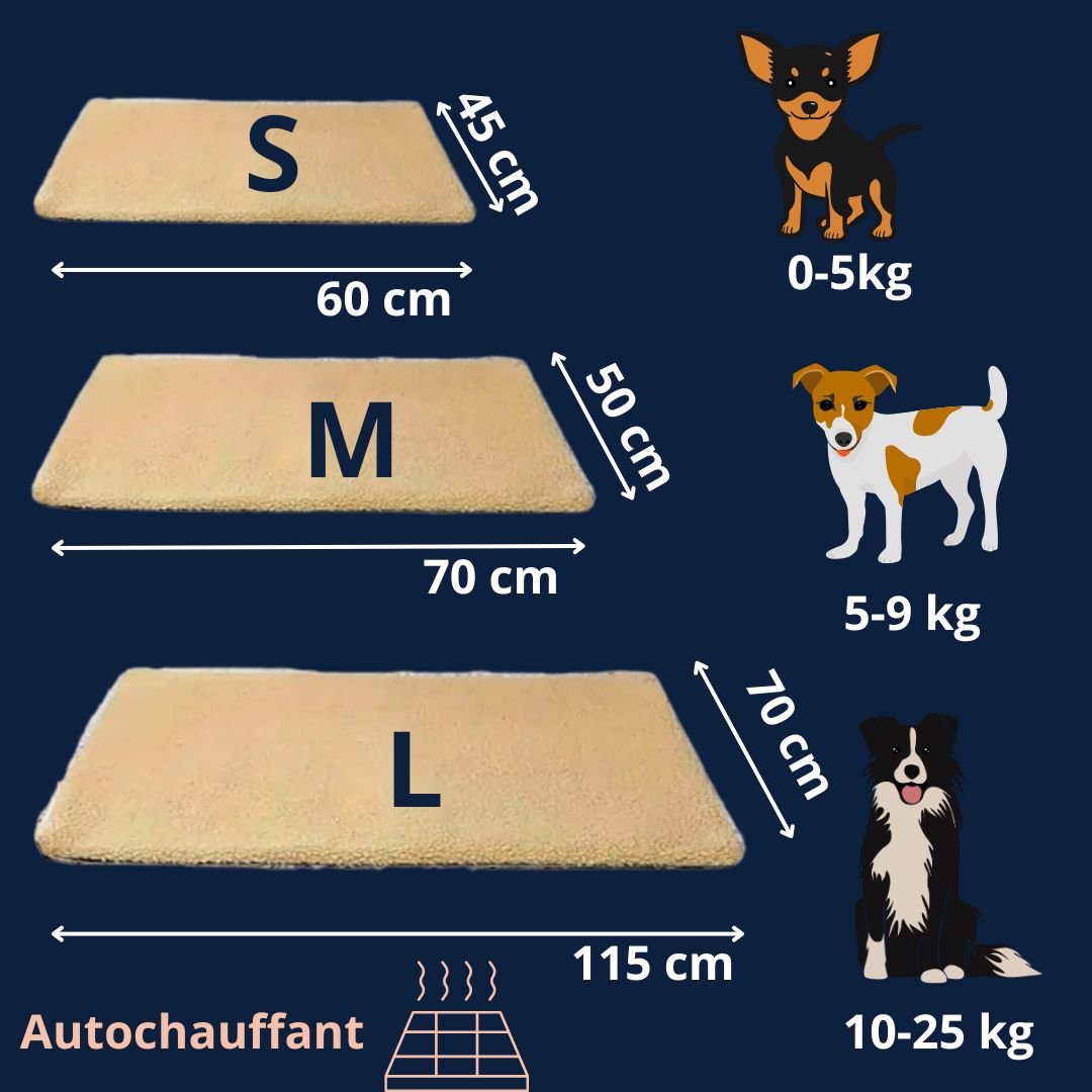 Tapis-pour-chien-chauffant-guide-des-tailles-3 tailles disponible S,M et L pour chien de petite à moyenne taille de 0 à 25 kg-dimensions détaillées de chaque taille et correspondance de poids du chien-auto-chauffant-déhoussable-lavable en machine-réfléchissant-housse en peluche douce et épaisse, résistante aux griffes-sans-électricité et sans danger-rembourrage 100% coton haute densité-antidérapant-disponible en deux coloris gris et marron