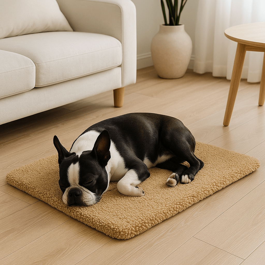 Tapis-pour-chien-auto-chauffant-déhoussable-lavable en machine-réfléchissant-housse en peluche douce et épaisse, résistante aux griffes-sans-électricité et sans danger-rembourrage 100% coton haute densité-antidérapant-un chien de taille moyenne qui dort paisiblement sur son tapis chauffant marron sur le sol froid du salon