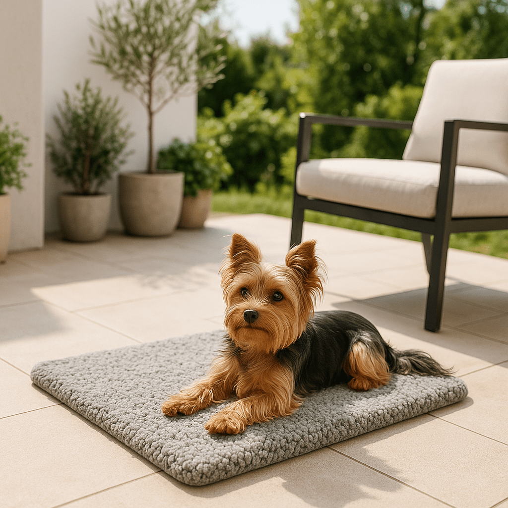 Tapis-pour-chien-chauffant-déhoussable-lavable en machine-réfléchissant-housse en peluche douce et épaisse, résistante aux griffes-sans-électricité et sans danger-rembourrage 100% coton haute densité-antidérapant-un petit chien couché paisiblement sur son tapis chauffant gris sur le sol froid de la terrasse à l'extérieur