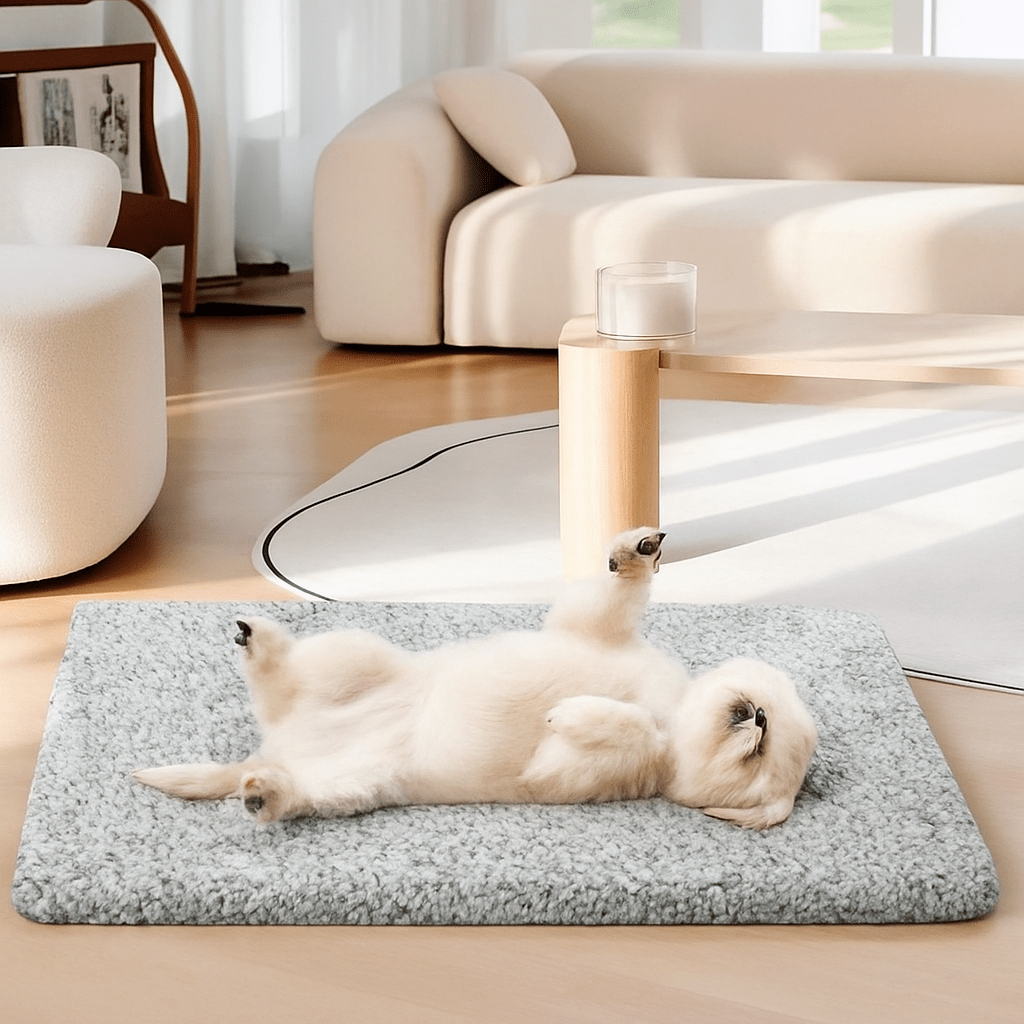 Tapis-pour-chien-chauffant-déhoussable-lavable en machine-réfléchissant-housse en peluche douce et épaisse, résistante aux griffes-sans-électricité et sans danger-rembourrage 100% coton haute densité-antidérapant-un petit chien qui dort paisiblement sur le dos sur son tapis chauffant gris sur le sol froid du salon de la maison