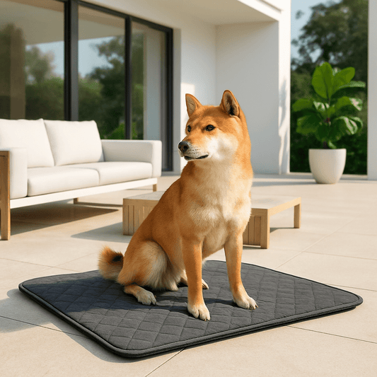 Tapis-pour-chien-déhoussable-lavable en machine-housse en lin et matelas orthopédique 100% coton à mémoire de forme pour petit et chien moyen-un Shiba Inu assis sur le tapis gris antidérapant sur la terrasse de la maison