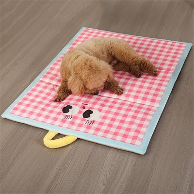 Tapis-rafraîchissant-chien-chiot-sans réfrigérateur-sans eau-sans électricité -sans gel toxique-un chien moyen au frais couché sur son tapis rose à carreaux vichy sur le sol du salon
