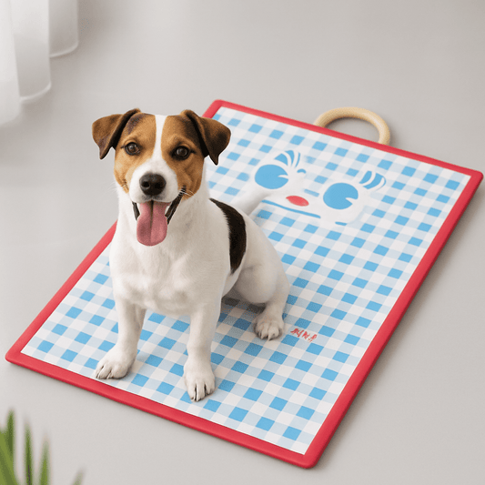 Tapis-rafraîchissant-chien-chiot-sans réfrigérateur-sans eau-sans électricité -sans gel toxique-un Jack Russell au frais et haletant assis sur son tapis bleu à carreaux vichy sur le salon