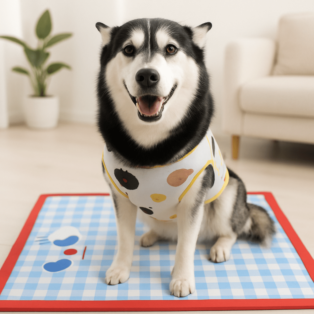 Tapis-rafraîchissant-chien-chiot-sans réfrigérateur-sans eau-sans électricité -sans gel toxique-un husky au frais assis sur son tapis bleu à carreaux vichy sur le salon