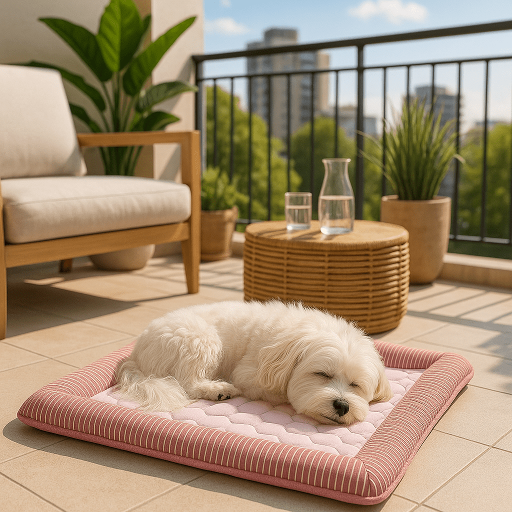 Tapis-rafraichissant-chien-lavable en machine-100% coton-avec rebord surélevé-pour une utilisation partout-panier-voiture-cage-cage de transport-lit-coussin-un Coton de tuléar qui dort paisiblement sur son tapis frais sans besoin de réfrigérateur-de couleur rose sur le balcon de l'appartement