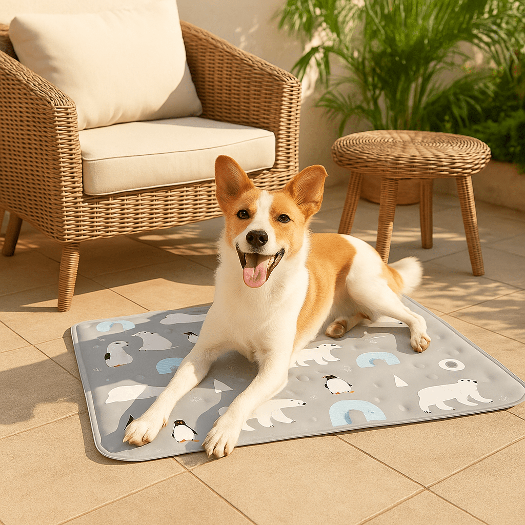 Tapis-rafraichissant-chien-chiot-gel-impermĂ©able-lavable-polyvalent-pour-sol-lit-panier-cage-caisse-de-transport-voiture-voyage-rĂ©utilisable-rĂ©sistant-au-griffes-compatible avec rĂ©frigĂ©rateur ou frigo-sans produits toxique-confort thermique pour le bien-ĂȘtre et la santĂ© des chiens-un chien moyen couchĂ© et dĂ©tendu malgrĂ© les tempĂ©ratures chaudes sur son tapis rafraichissant au design mignon polaire de couleur gris dans le jardin de l'appartement