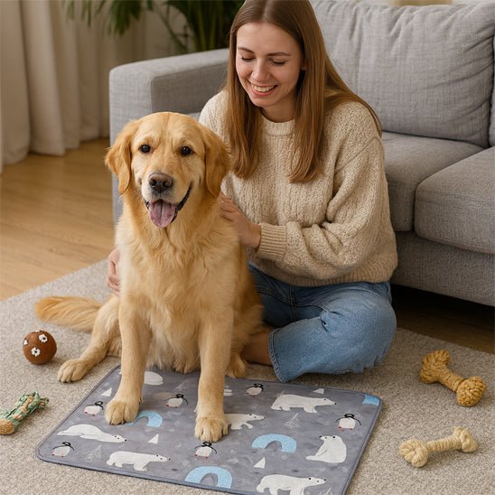 Tapis-rafraichissant-chien-chiot-gel-impermĂ©able-lavable-polyvalent-pour-sol-lit-panier-cage-caisse-de-transport-voiture-voyage-rĂ©utilisable-rĂ©sistant-au-griffes-compatible avec rĂ©frigĂ©rateur ou frigo-sans produits toxique-confort thermique pour le bien-ĂȘtre et la santĂ© des chiens-un labrador assis et dĂ©tendu malgrĂ© les tempĂ©ratures chaudes sur son tapis rafraichissant au design mignon polaire de couleur gris avec son maitre qui le caresse sur le sol du salon de la maison
