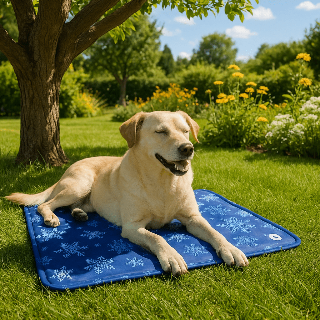 Tapis-rafraichissant-chien-chiot-gel-avec eau-impermĂ©able-lavable-polyvalent-pour-sol-lit-panier-cage-caisse-de-transport-voiture-voyage-rĂ©utilisable-rĂ©sistant-au-griffes-compatible avec rĂ©frigĂ©rateur ou frigo-sans produits toxique-confort thermique pour le bien-ĂȘtre et la santĂ© des chiens-un labrador couchĂ© et dĂ©tendu malgrĂ© les tempĂ©ratures chaudes sur son tapis rafraichissant au design mignon polaire de couleur bleu dans le parc sur l'herbe en Ă©tĂ©