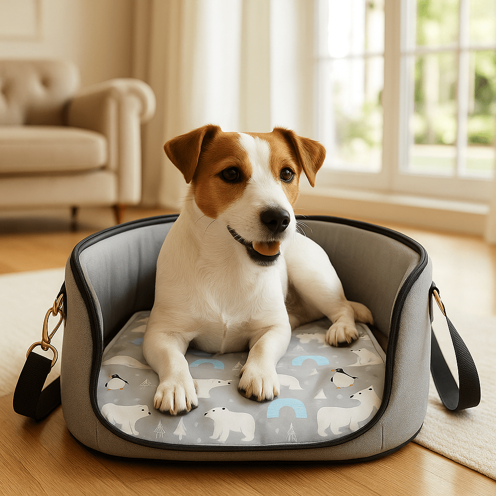 Tapis-rafraichissant-chien-chiot-gel-impermĂ©able-lavable-polyvalent-pour-sol-lit-panier-cage-caisse-de-transport-voiture-voyage-rĂ©utilisable-rĂ©sistant-au-griffes-compatible avec rĂ©frigĂ©rateur ou frigo-sans produits toxique-confort thermique pour le bien-ĂȘtre et la santĂ© des chiens-un petit chien couchĂ© et dĂ©tendu malgrĂ© les tempĂ©ratures chaudes sur son tapis rafraichissant au design mignon polaire de couleur gris placĂ© dans son sac de transport en Ă©tĂ©