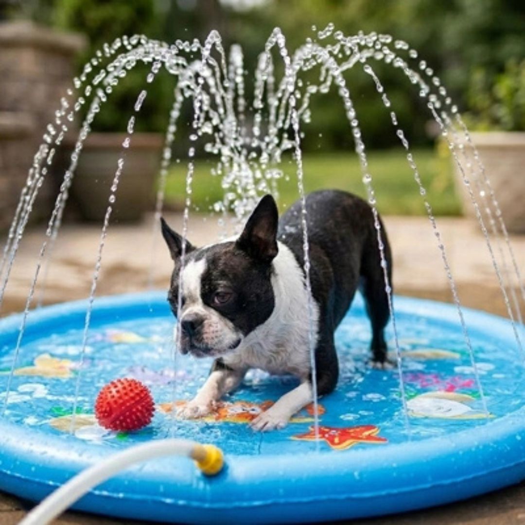 Tapis rafraichissant chien jet d'eau-chiot-piscine, tapis d'eau rafraichissant avec jets d'eau de couleur bleue,avec design animaux aquatique, PVC résistant antidérapant raccordable à un tuyau d'arrosage avec adaptateur universel, pas d'outil ni de gonflage, installation immédiate, en 2 tailles de diamÚtre de 100 et 170 cm pour chien et chiot de petite à grande taille-un chiot moyen qui se rafraichis en jouant dans la pataugeoire bleu avec jet de 100 cm de diamÚtre sur la terasse de la maison en été