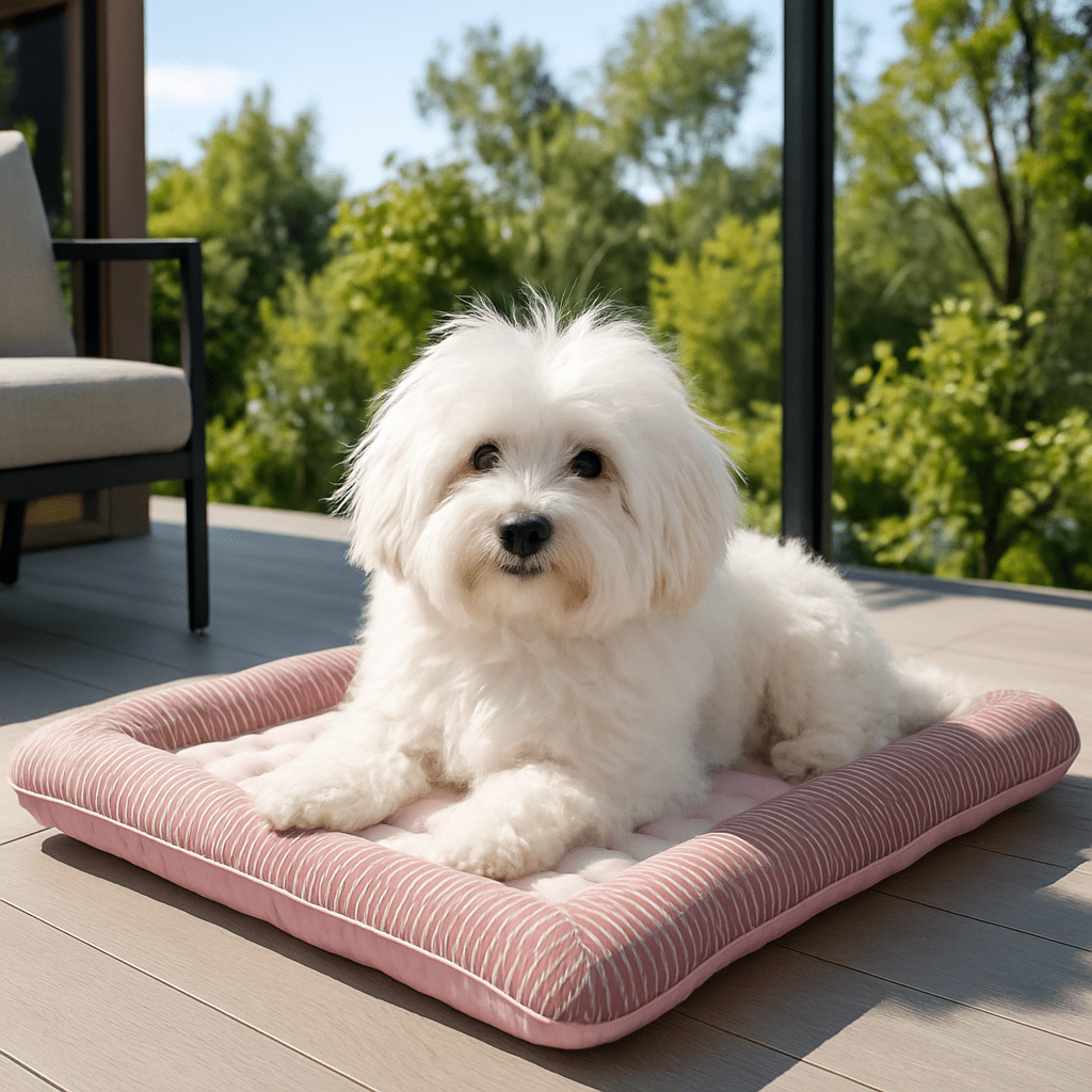 Tapis-rafraichissant-chien-lavable en machine-100% coton-avec rebord surélevé-pour une utilisation partout-panier-voiture-cage-cage de transport-lit-coussin-un Bichon havanais couché sur son tapis frais dans le salon en plein soleil de la maison