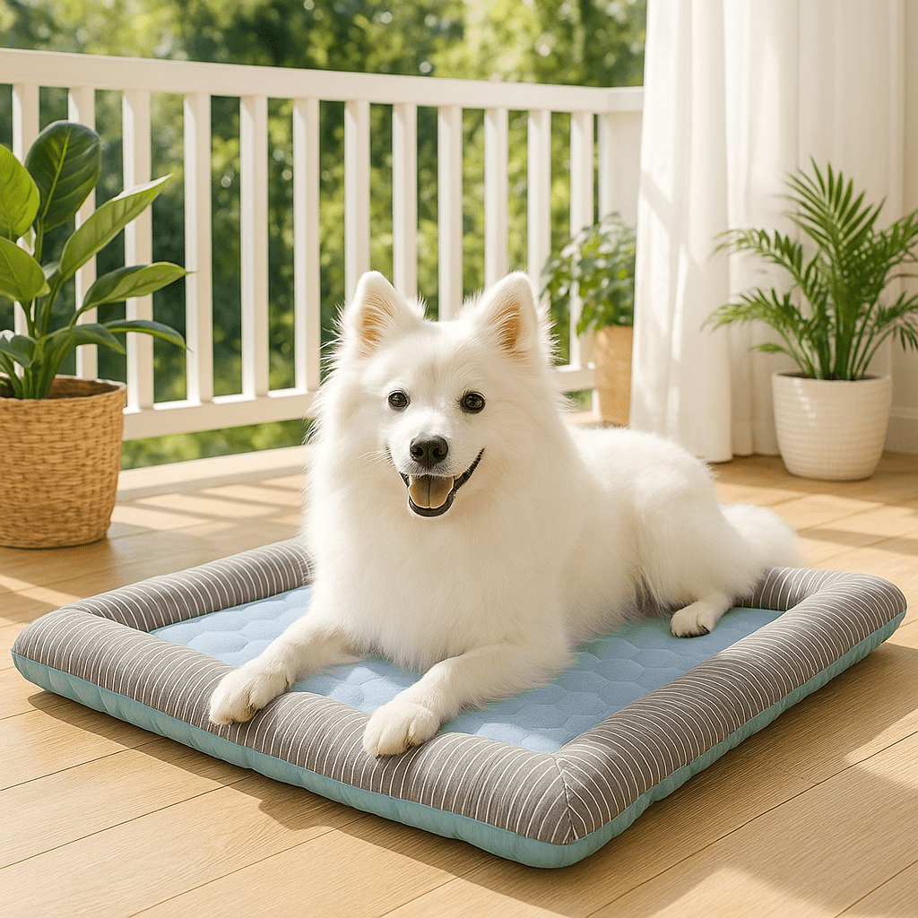 Tapis-rafraichissant-chien-lavable en machine-100% coton-avec rebord surélevé-pour une utilisation partout-panier-voiture-cage-cage de transport-lit-coussin-un Esquimau Américain couché sur le tapis bleu rectangulaire frais avec rebord 100% coton entourant et sécurisant sur la véranda de la maison
