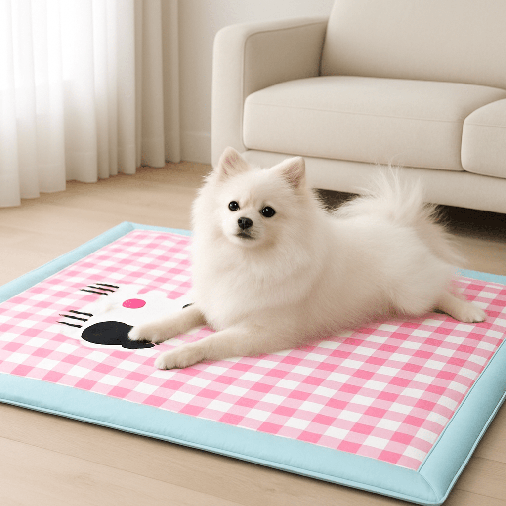 Tapis-rafraîchissant-chien-chiot-sans réfrigérateur-sans eau-sans électricité -sans gel toxique-imperméable-résistant-pliable-avec poignée de transport-un Loulou de Poméranie qui se rafraichit couché sur le ventre sur son tapis rafraîchissant à carreaux rose sur le sol du salon en plein été