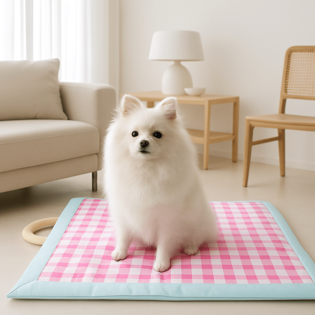 Tapis-rafraîchissant-chien-chiot-sans réfrigérateur-sans eau-sans électricité -sans gel toxique-imperméable-résistant-pliable-avec poignée de transport-un Loulou de Poméranie qui se rafraichit les pattes assis sur le ventre sur son tapis rafraîchissant à carreaux roses sur le sol du salon en plein été