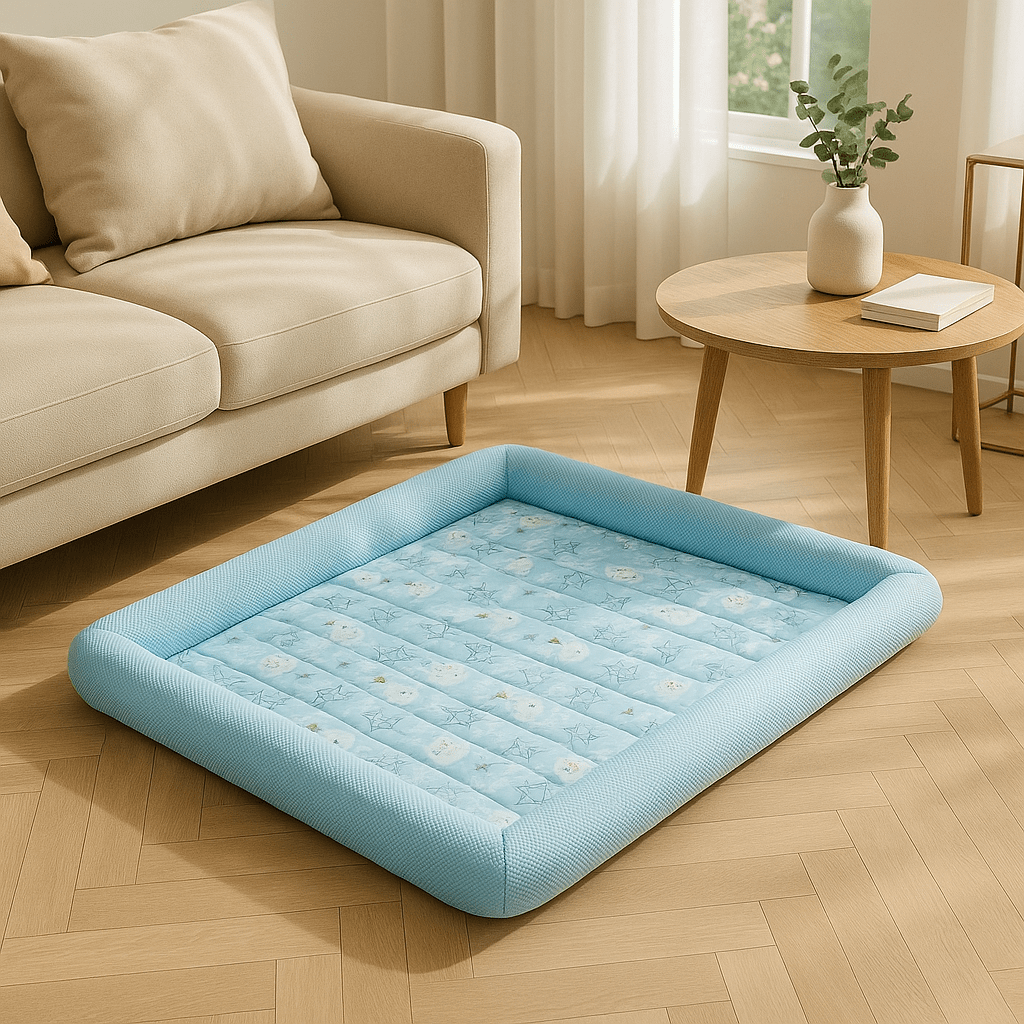 Tapis-pour-Chien-rafraichissant-ergonomique-bleu avec motif animalier-avec rebord surélevé et protecteur-antidérapant et lavable en machine-imperméable