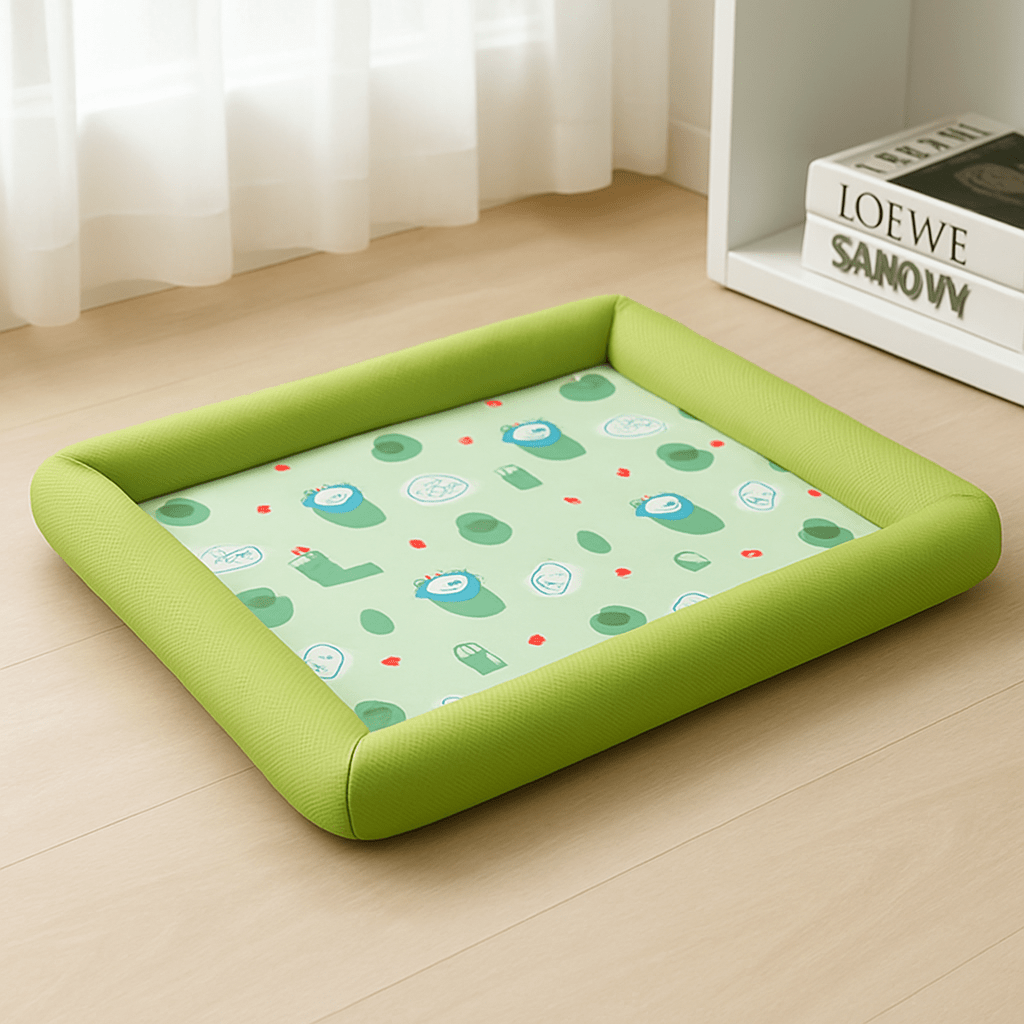 Tapis-pour-Chien-rafraichissant-ergonomique-vert avec motif mignon animalier-avec rebord surélevé et protecteur-antidérapant et lavable en machine-imperméable-rembourrage 100% coton PP respirant