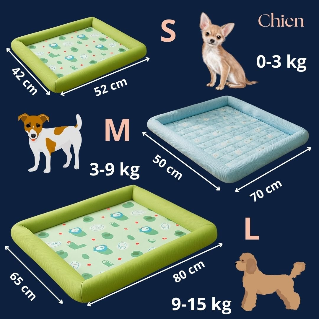 Tapis-pour-Chien-rafraichissant-ergonomique-avec motif mignon animalier-avec rebord surélevé et protecteur-antidérapant et lavable en machine-imperméable-rembourrage 100% coton PP respirant-3-tailles-disponibles-S-M et L pour chien de 0 à 15 kg-dimensions détaillés et correspondance de poid du chien